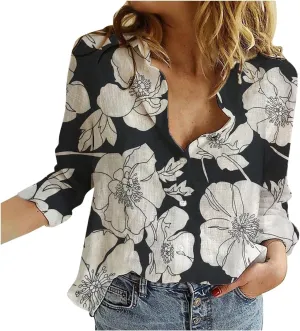 Womens Linen Shirts Casual Loose Floral Printed Button Down Shirts Long Sleeve Lightweight Beach Summer Tops Blouses