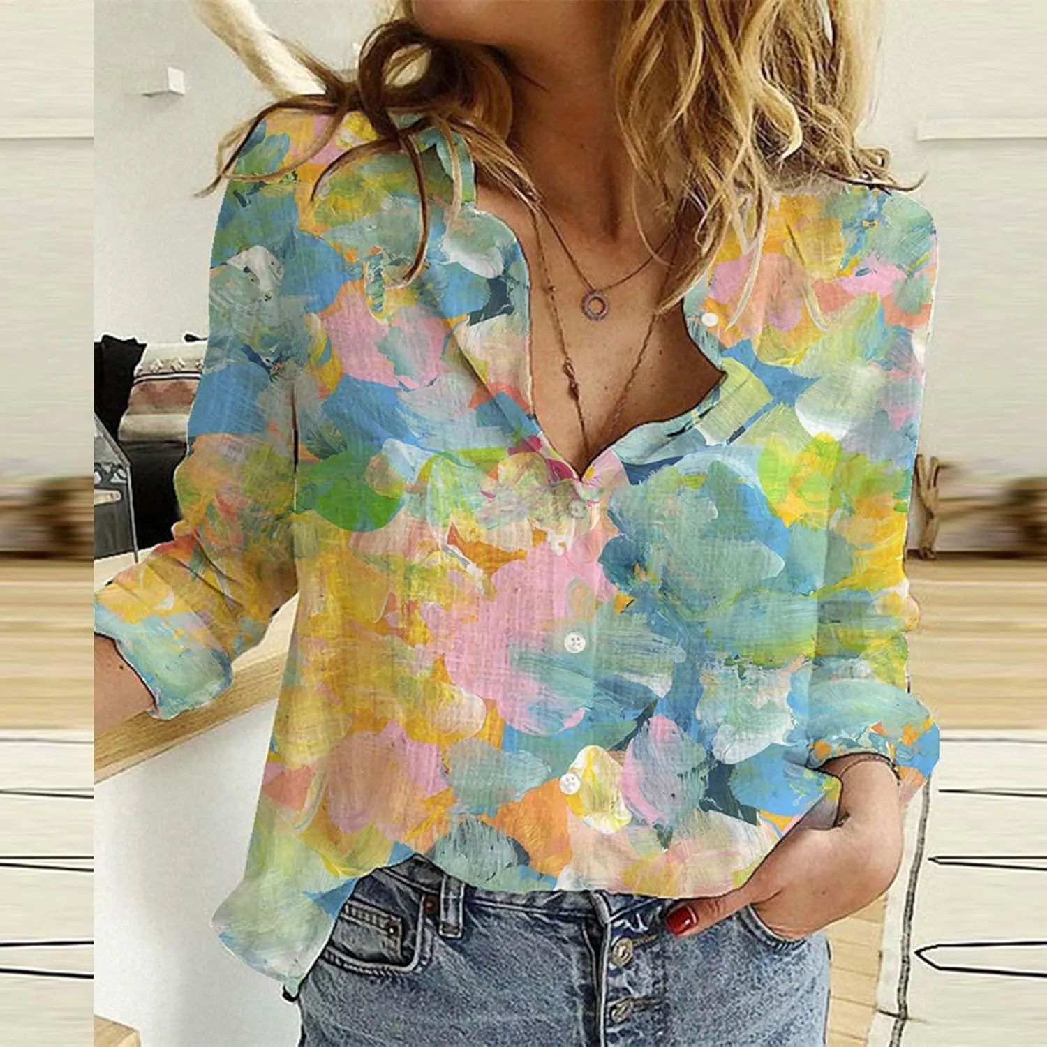 Womens Linen Shirts Casual Loose Floral Printed Button Down Shirts Long Sleeve Lightweight Beach Summer Tops Blouses