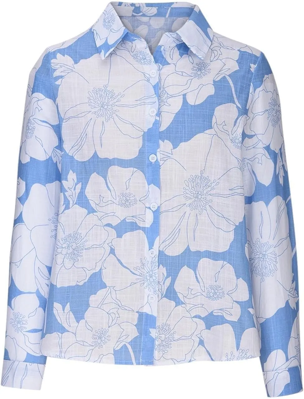 Womens Linen Shirts Casual Loose Floral Printed Button Down Shirts Long Sleeve Lightweight Beach Summer Tops Blouses