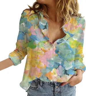 Womens Linen Shirts Casual Loose Floral Printed Button Down Shirts Long Sleeve Lightweight Beach Summer Tops Blouses