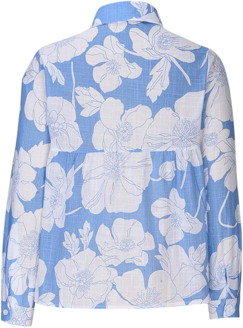 Womens Linen Shirts Casual Loose Floral Printed Button Down Shirts Long Sleeve Lightweight Beach Summer Tops Blouses