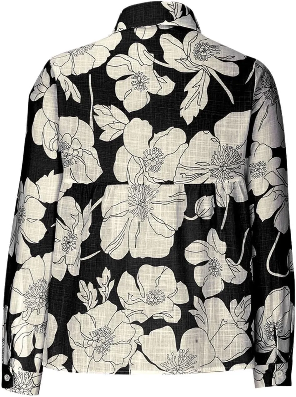 Womens Linen Shirts Casual Loose Floral Printed Button Down Shirts Long Sleeve Lightweight Beach Summer Tops Blouses