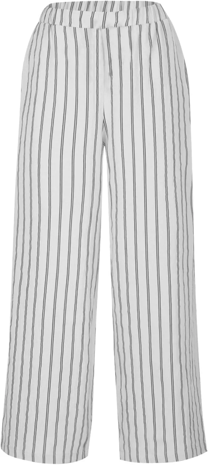 Womens Linen Stripe Pants Summer Boho Pants for 2024 Straight Leg Pants Elastic Waist Pants Loose Fitting Pants