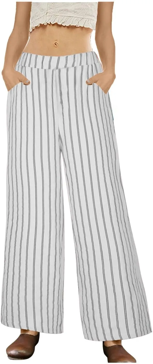 Womens Linen Stripe Pants Summer Boho Pants for 2024 Straight Leg Pants Elastic Waist Pants Loose Fitting Pants