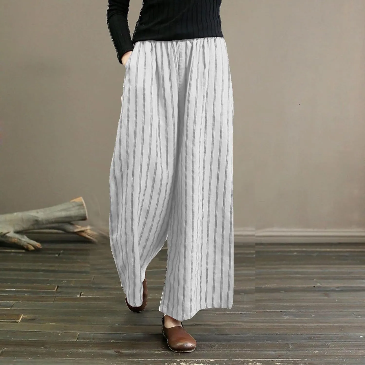 Womens Linen Stripe Pants Summer Boho Pants for 2024 Straight Leg Pants Elastic Waist Pants Loose Fitting Pants