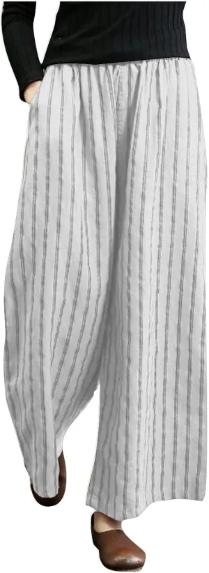 Womens Linen Stripe Pants Summer Boho Pants for 2024 Straight Leg Pants Elastic Waist Pants Loose Fitting Pants