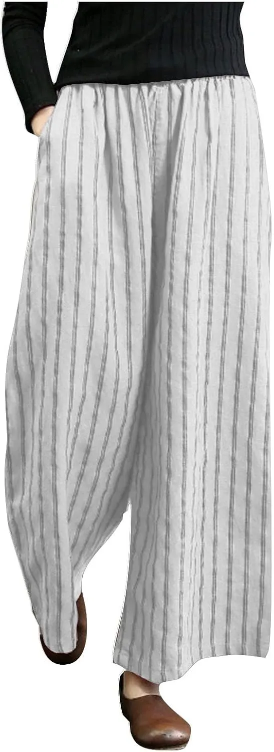Womens Linen Stripe Pants Summer Boho Pants for 2024 Straight Leg Pants Elastic Waist Pants Loose Fitting Pants