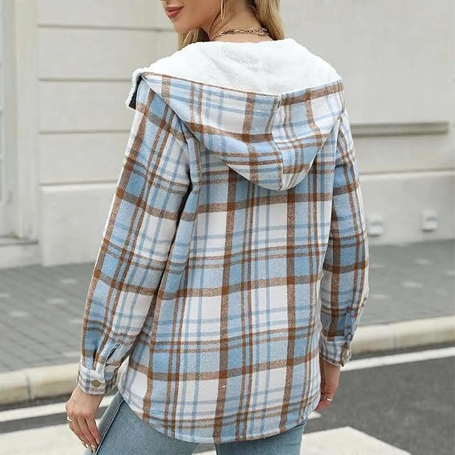 Womens Long Flannel Coats Plaid Long Sleeves Suit Collar Casual Jackets Fleece Lined Button Down Loose Winter Coats