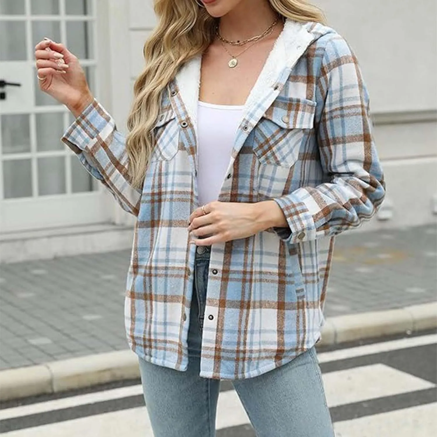 Womens Long Flannel Coats Plaid Long Sleeves Suit Collar Casual Jackets Fleece Lined Button Down Loose Winter Coats