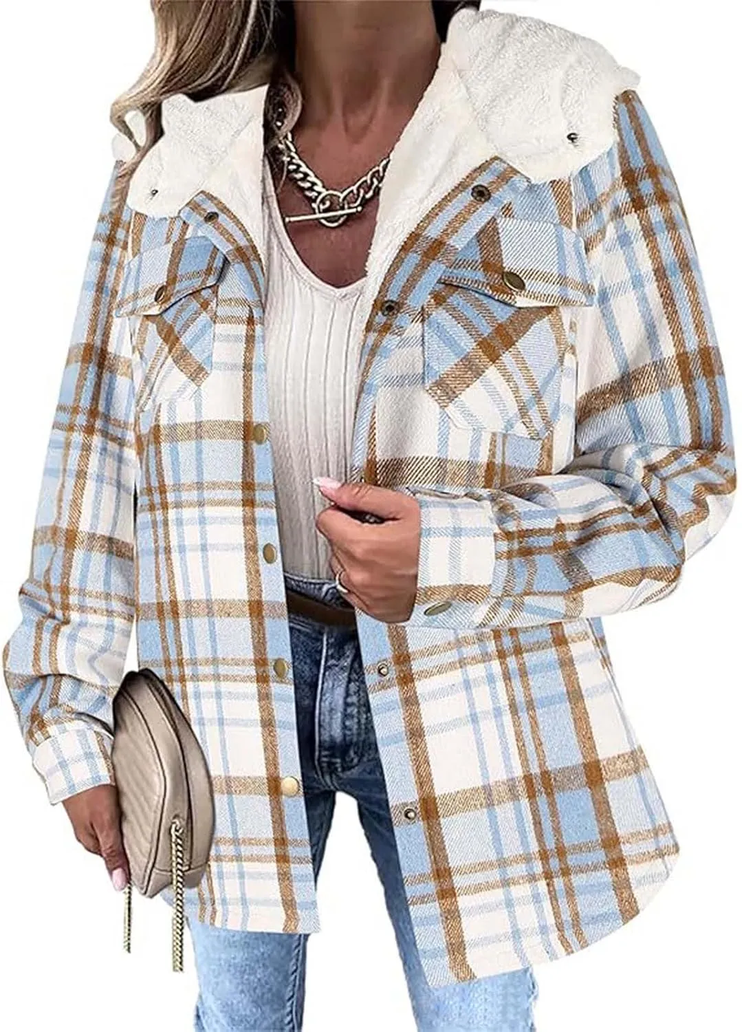 Womens Long Flannel Coats Plaid Long Sleeves Suit Collar Casual Jackets Fleece Lined Button Down Loose Winter Coats