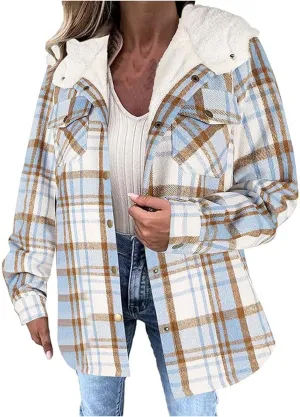 Womens Long Flannel Coats Plaid Long Sleeves Suit Collar Casual Jackets Fleece Lined Button Down Loose Winter Coats