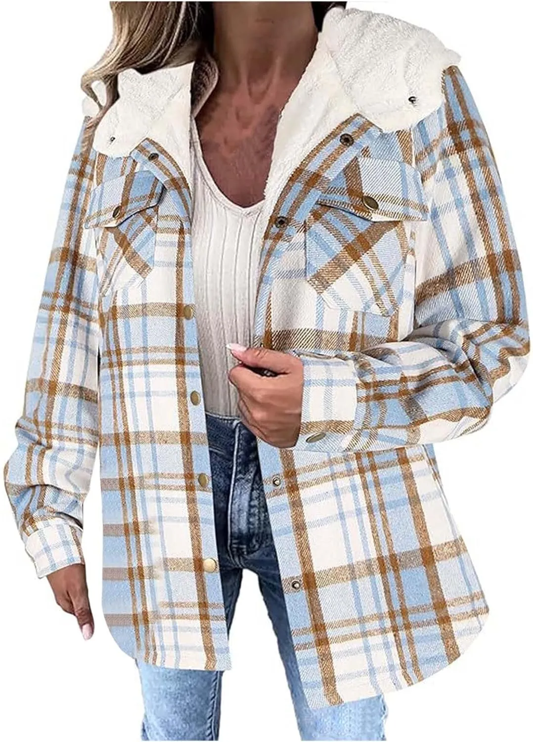 Womens Long Flannel Coats Plaid Long Sleeves Suit Collar Casual Jackets Fleece Lined Button Down Loose Winter Coats