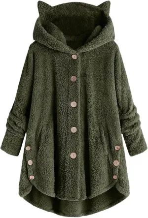 Womens Long Fleece Jackets Winter Hooded Coats Oversized Button Down Cardigan Sweater Warm Soft Jacket with Pockets