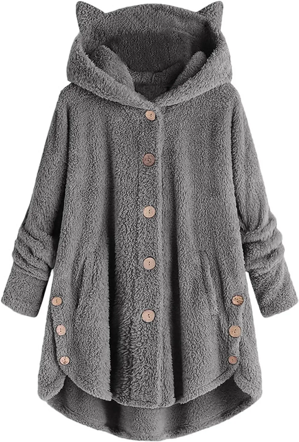 Womens Long Fleece Jackets Winter Hooded Coats Oversized Button Down Cardigan Sweater Warm Soft Jacket with Pockets