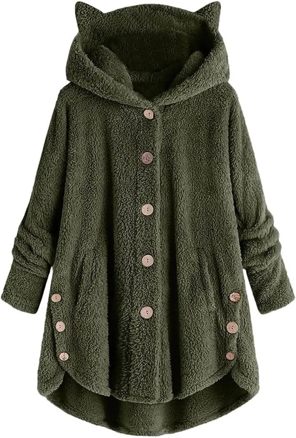 Womens Long Fleece Jackets Winter Hooded Coats Oversized Button Down Cardigan Sweater Warm Soft Jacket with Pockets