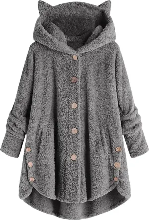 Womens Long Fleece Jackets Winter Hooded Coats Oversized Button Down Cardigan Sweater Warm Soft Jacket with Pockets