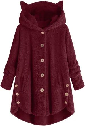 Womens Long Fleece Jackets Winter Hooded Coats Oversized Button Down Cardigan Sweater Warm Soft Jacket with Pockets