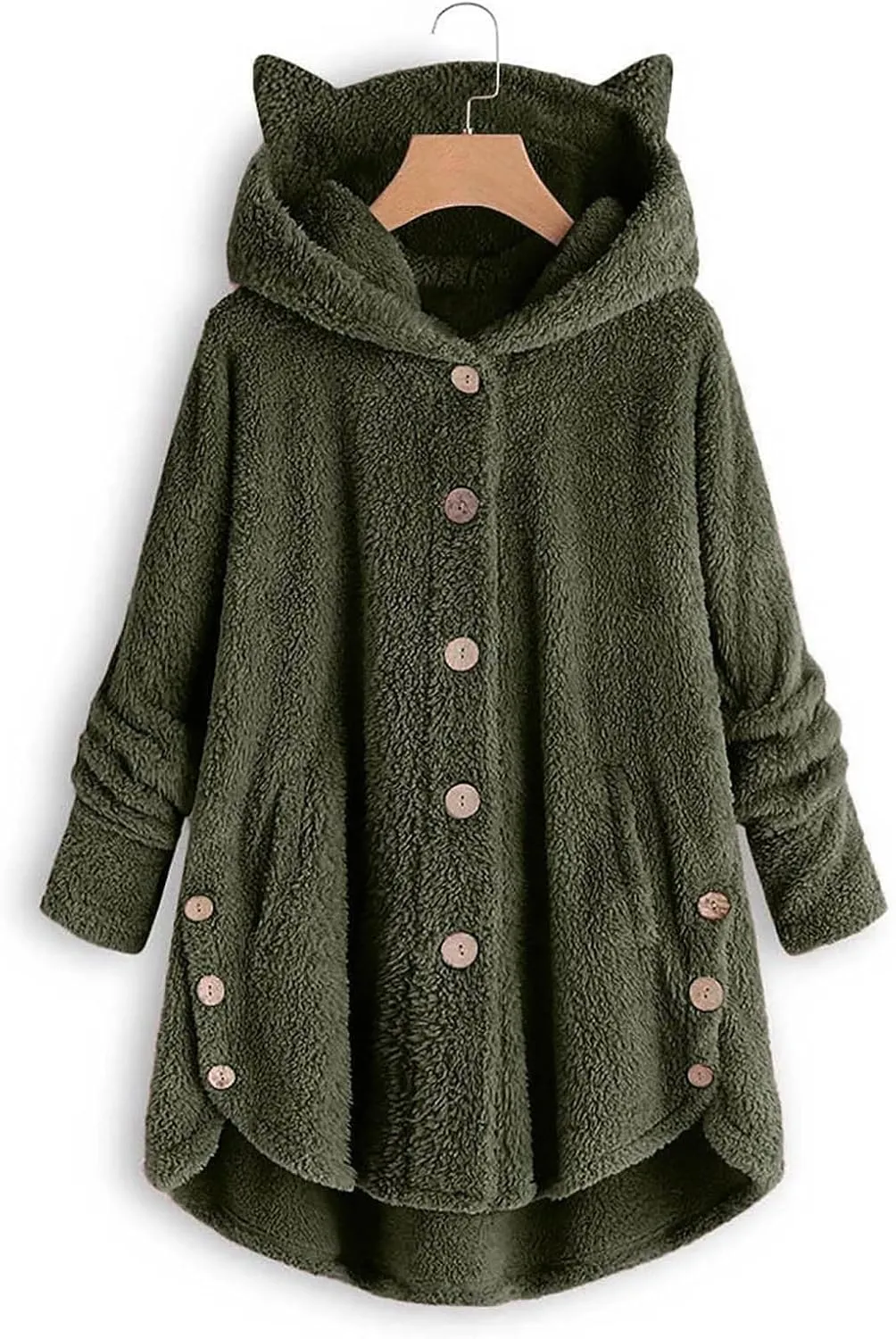 Womens Long Fleece Jackets Winter Hooded Coats Oversized Button Down Cardigan Sweater Warm Soft Jacket with Pockets