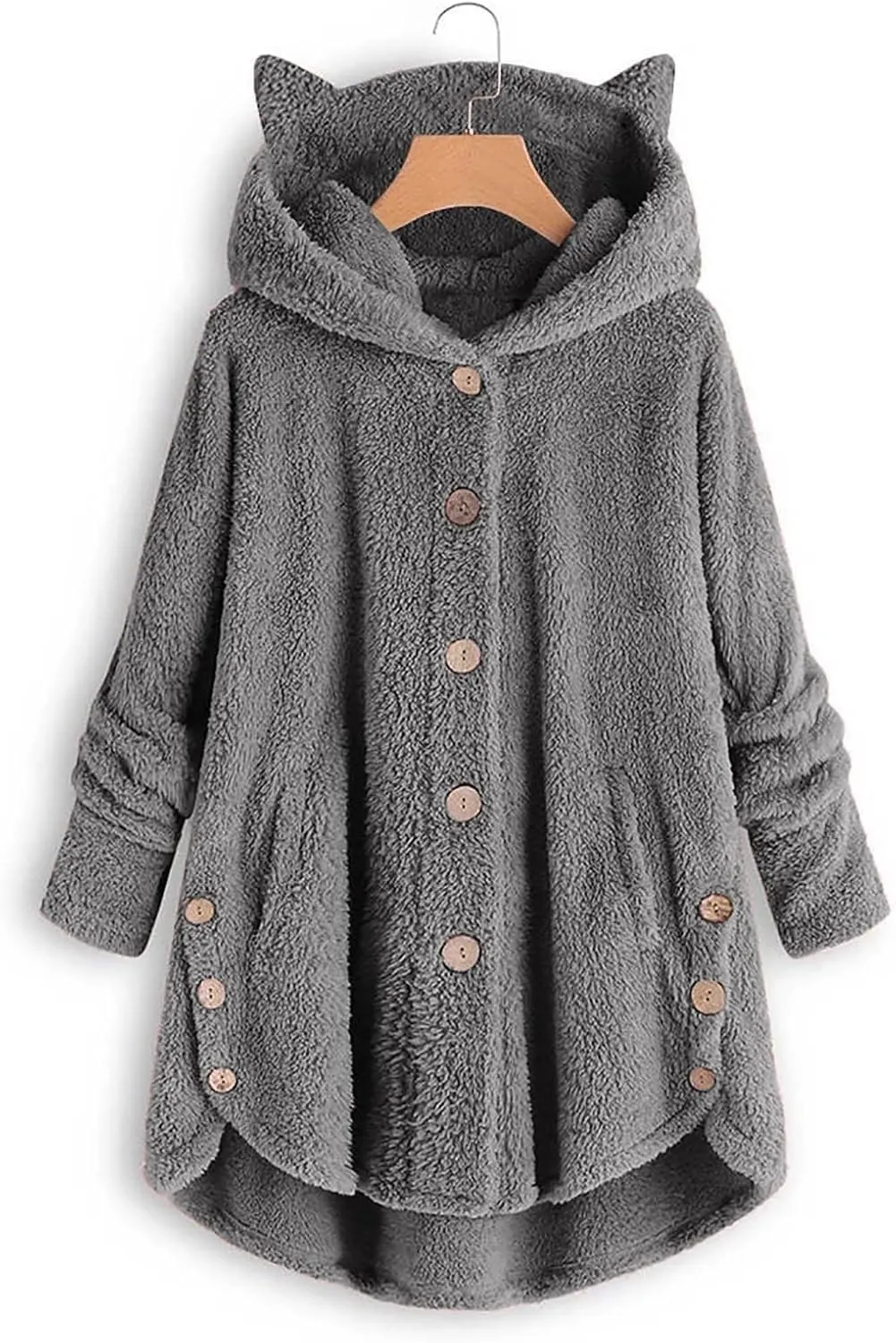 Womens Long Fleece Jackets Winter Hooded Coats Oversized Button Down Cardigan Sweater Warm Soft Jacket with Pockets