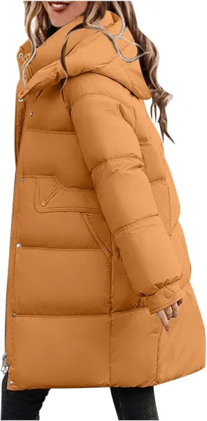 Women's Mid-Length Down Parkas Removable Hooded Puffer Coats 2024 Baggy Zipper Down Jacket Coats for Fall Winter