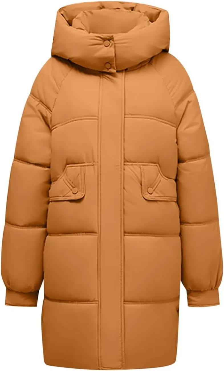 Women's Mid-Length Down Parkas Removable Hooded Puffer Coats 2024 Baggy Zipper Down Jacket Coats for Fall Winter