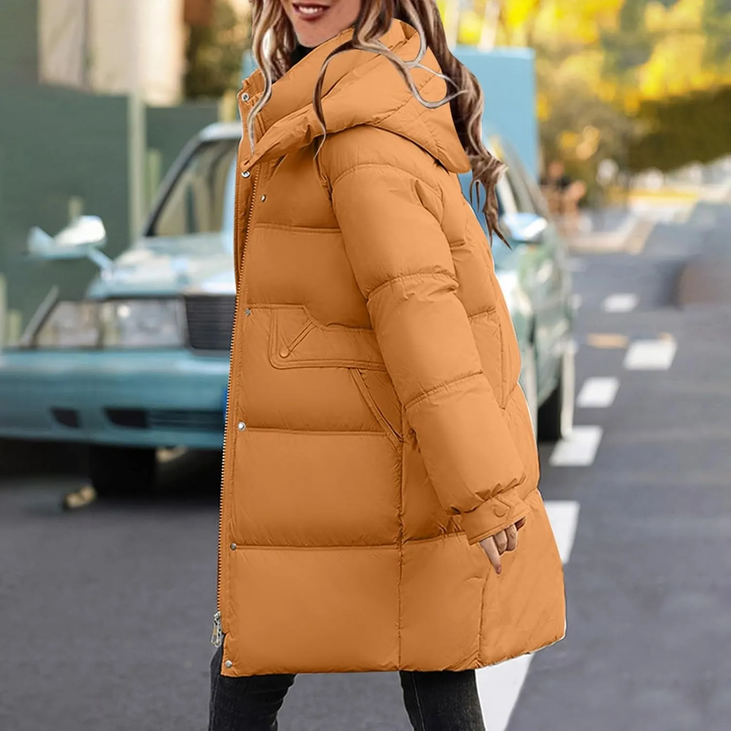 Women's Mid-Length Down Parkas Removable Hooded Puffer Coats 2024 Baggy Zipper Down Jacket Coats for Fall Winter
