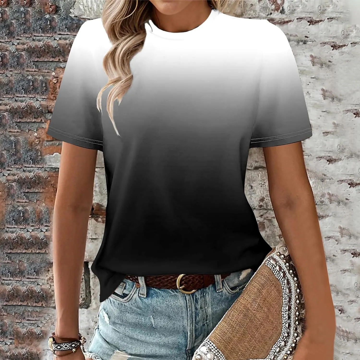 Womens Ombre Color Summer Tops Short Sleeve Tee Shirts Dressy Causal Cute Tshirts Trendy Vacation Clothes