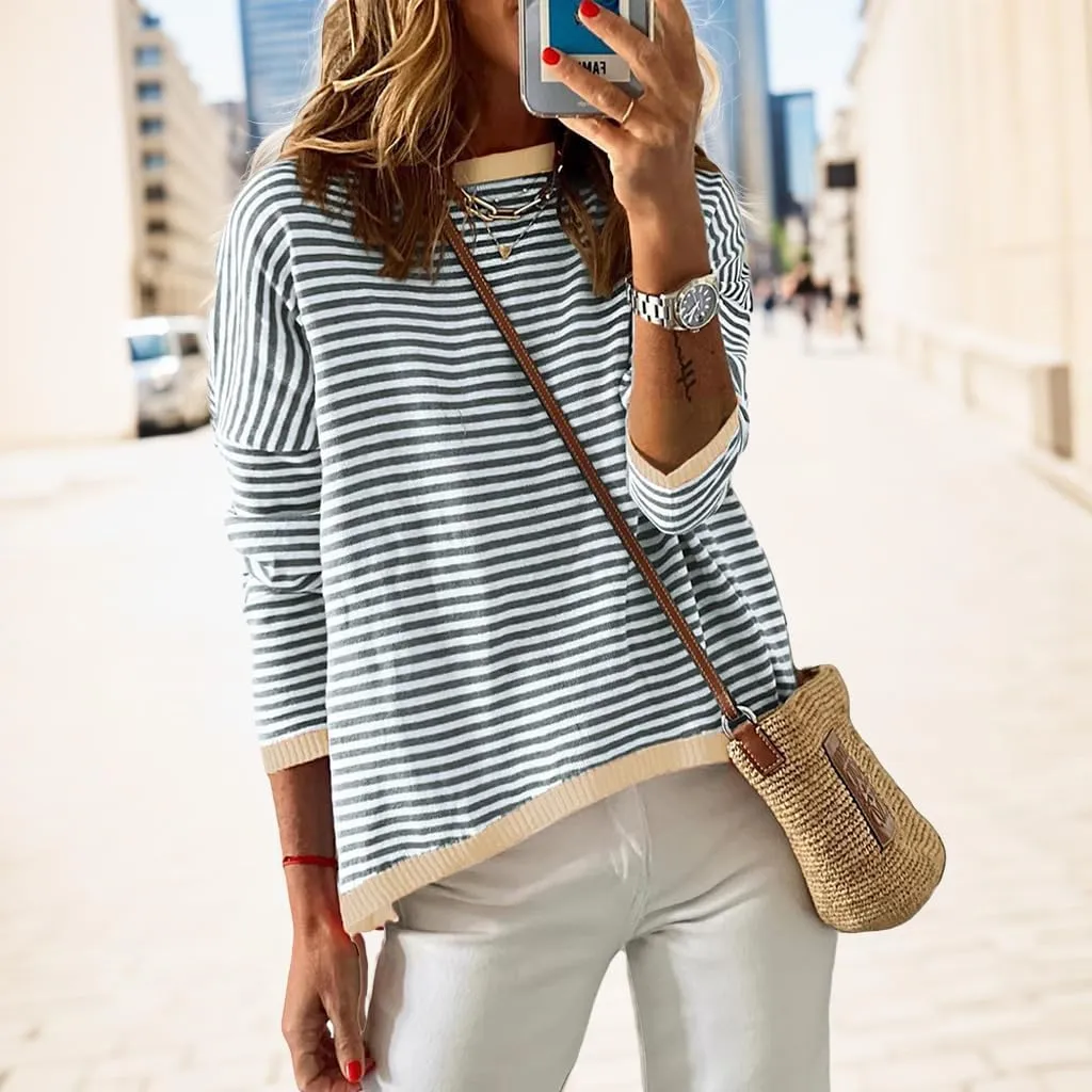 Womens Oversized Long Sleeve Sweaters Casual Crewneck Striped Color Block Knitted Jumpers Drop Shoulder Pullover Tops