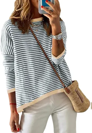 Womens Oversized Long Sleeve Sweaters Casual Crewneck Striped Color Block Knitted Jumpers Drop Shoulder Pullover Tops