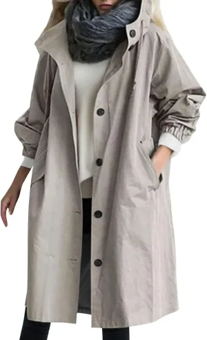 Womens Oversized Trench Coat Lightweight Windbreaker Waterproof Raincoat Long Hooded Pea Coat Lined Elegant Jacket