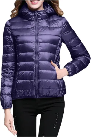Women's Packable Down Jacket Lightweight Puffer Jacket Winter Warm Puffer Coat Slim Fit Hooded Jacket Duck Down Coat