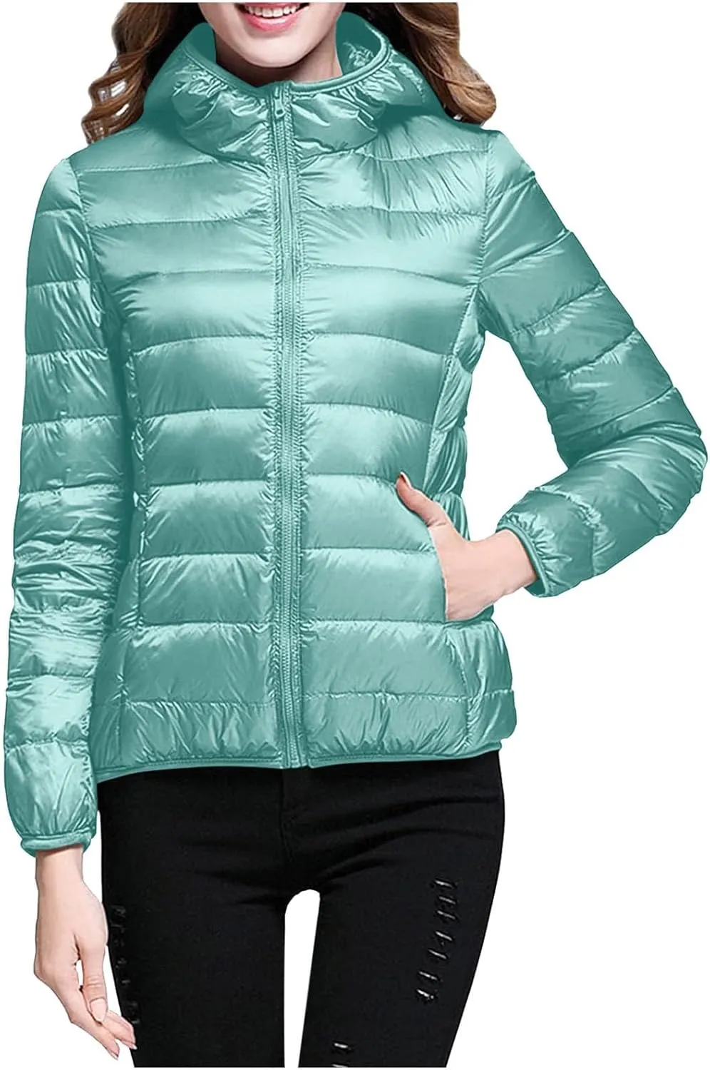 Women's Packable Down Jacket Lightweight Puffer Jacket Winter Warm Puffer Coat Slim Fit Hooded Jacket Duck Down Coat