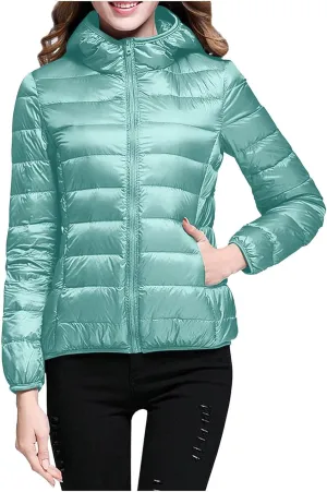 Women's Packable Down Jacket Lightweight Puffer Jacket Winter Warm Puffer Coat Slim Fit Hooded Jacket Duck Down Coat