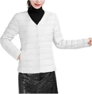 Womens Puffer Jacket Quilted Lightweight Down Coat Warm Winter Long Sleeve V Neck Puffer Jacket