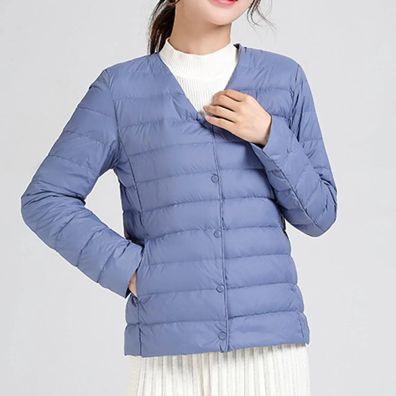 Womens Puffer Jacket Quilted Lightweight Down Coat Warm Winter Long Sleeve V Neck Puffer Jacket