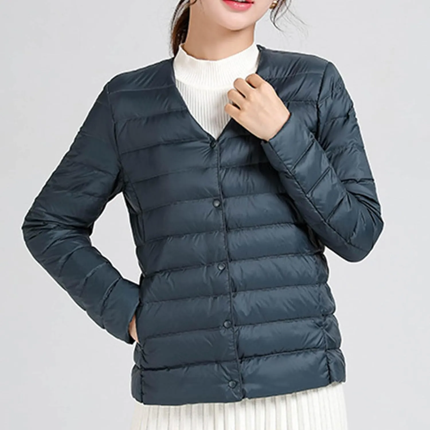 Womens Puffer Jacket Quilted Lightweight Down Coat Warm Winter Long Sleeve V Neck Puffer Jacket