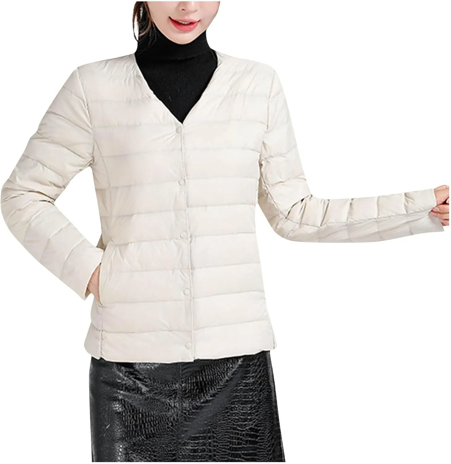 Womens Puffer Jacket Quilted Lightweight Down Coat Warm Winter Long Sleeve V Neck Puffer Jacket