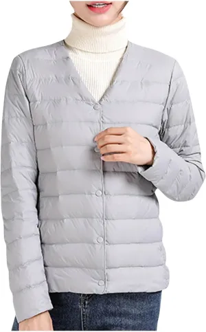 Womens Puffer Jacket Quilted Lightweight Down Coat Warm Winter Long Sleeve V Neck Puffer Jacket