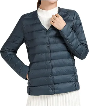 Womens Puffer Jacket Quilted Lightweight Down Coat Warm Winter Long Sleeve V Neck Puffer Jacket