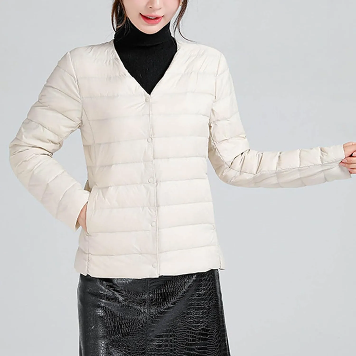 Womens Puffer Jacket Quilted Lightweight Down Coat Warm Winter Long Sleeve V Neck Puffer Jacket