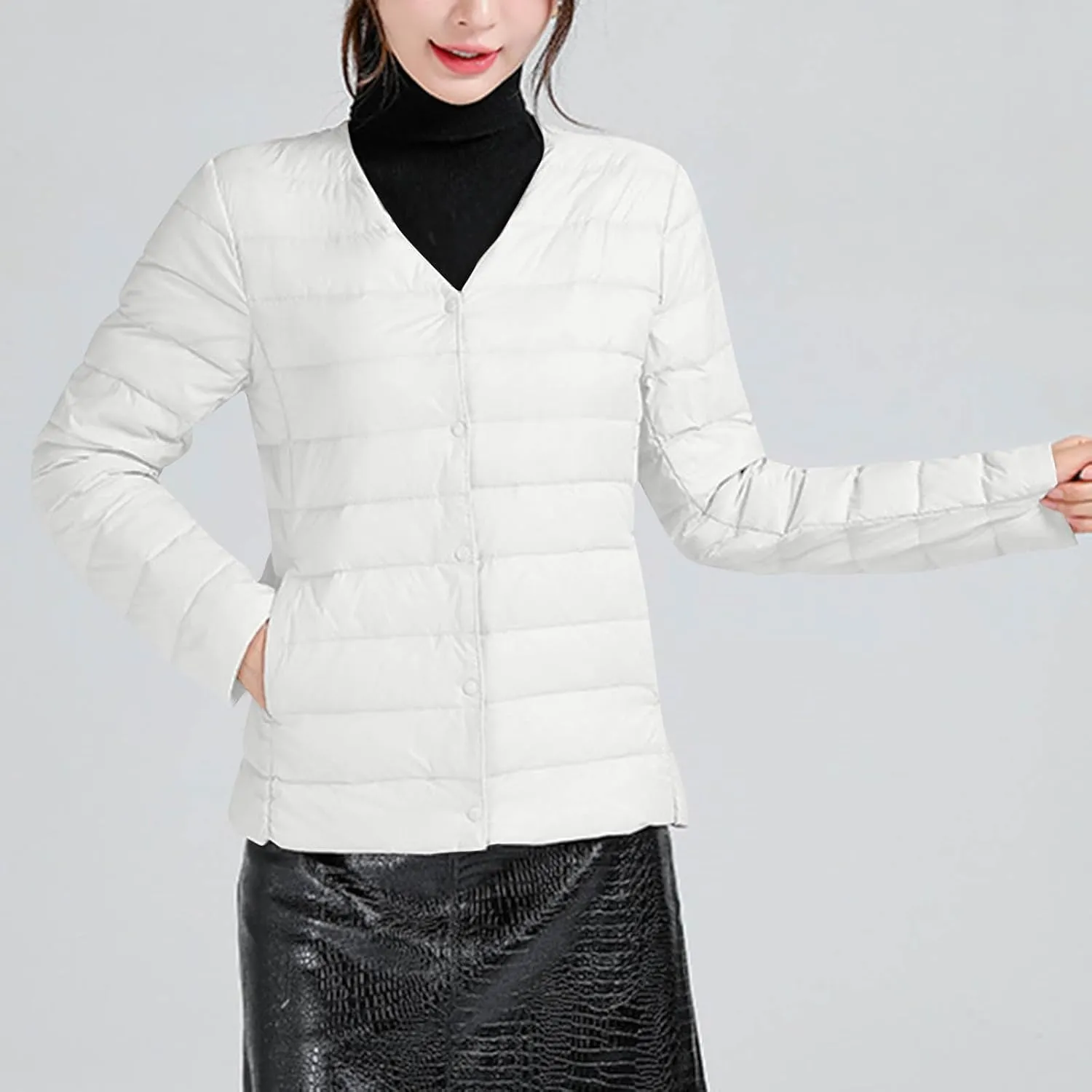 Womens Puffer Jacket Quilted Lightweight Down Coat Warm Winter Long Sleeve V Neck Puffer Jacket