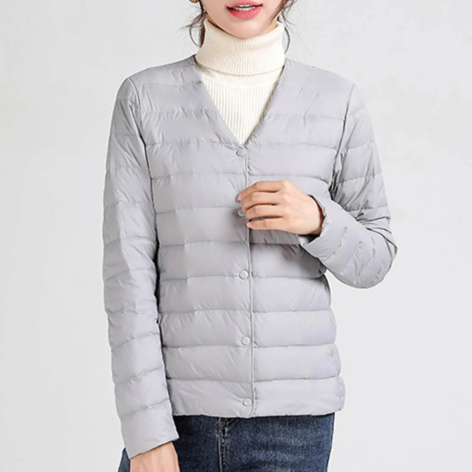 Womens Puffer Jacket Quilted Lightweight Down Coat Warm Winter Long Sleeve V Neck Puffer Jacket
