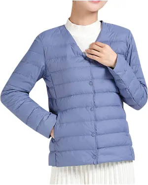 Womens Puffer Jacket Quilted Lightweight Down Coat Warm Winter Long Sleeve V Neck Puffer Jacket