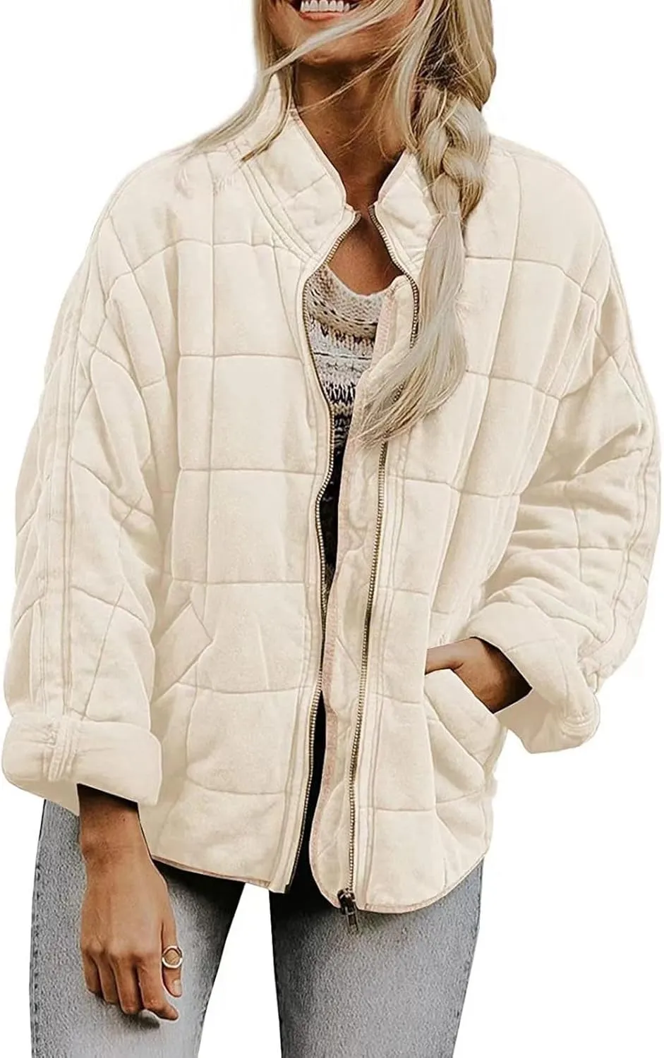 Women's Quilted Puffer Jacket Lightweight Warm Long Sleeve Coat Oversized Packable Full Zip Padded Coats with Pocket