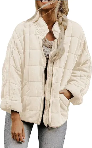 Women's Quilted Puffer Jacket Lightweight Warm Long Sleeve Coat Oversized Packable Full Zip Padded Coats with Pocket