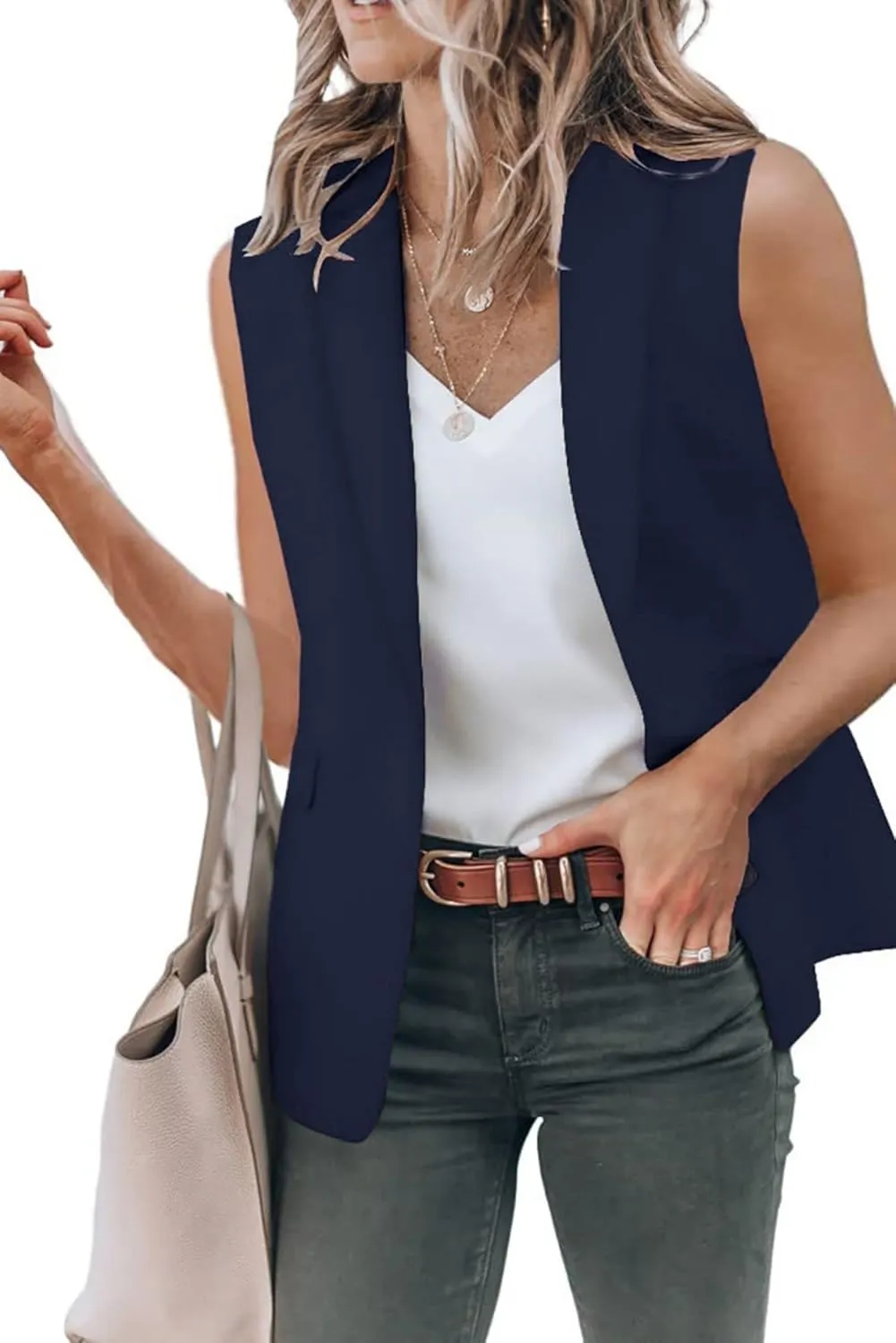 Women's Sleeveless Blazers Business Casual Open Front Cardigan Vest Work Office Tops Solid Color Jacket Waistcoat