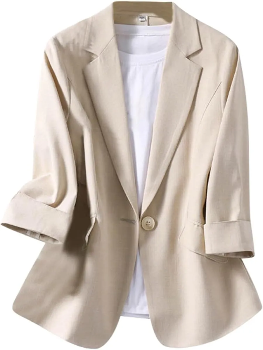 Women's Summer Blazer Button 3/4 Sleeve Pocket Lapel Work Jacket Comfortable Soft Comfy Stylish Suit Jackets
