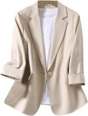 Women's Summer Blazer Button 3/4 Sleeve Pocket Lapel Work Jacket Comfortable Soft Comfy Stylish Suit Jackets