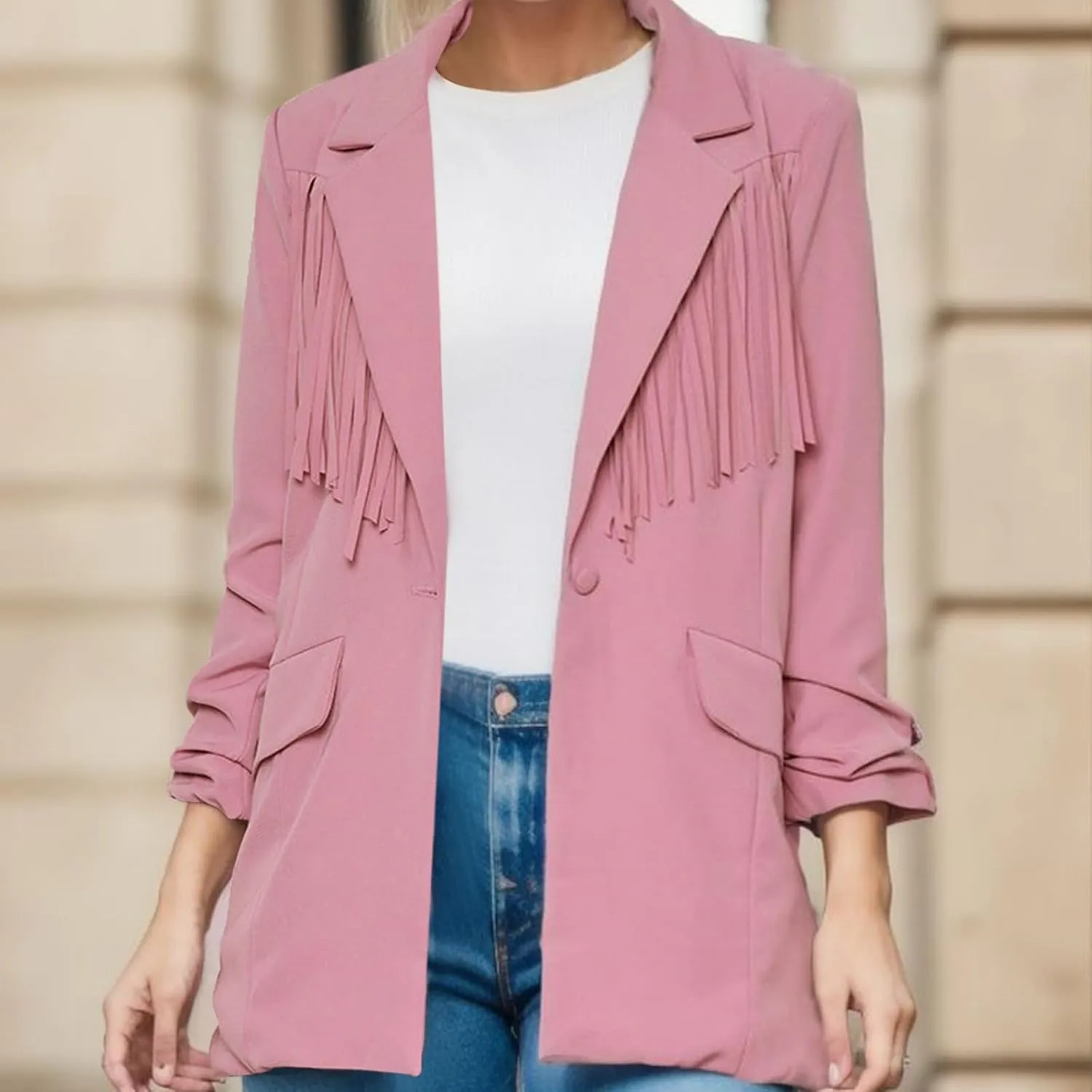 Women's Summer Blazer Button 3/4 Sleeve Pocket Lapel Work Jacket Convenient Solid Color Stylish Suit Jackets