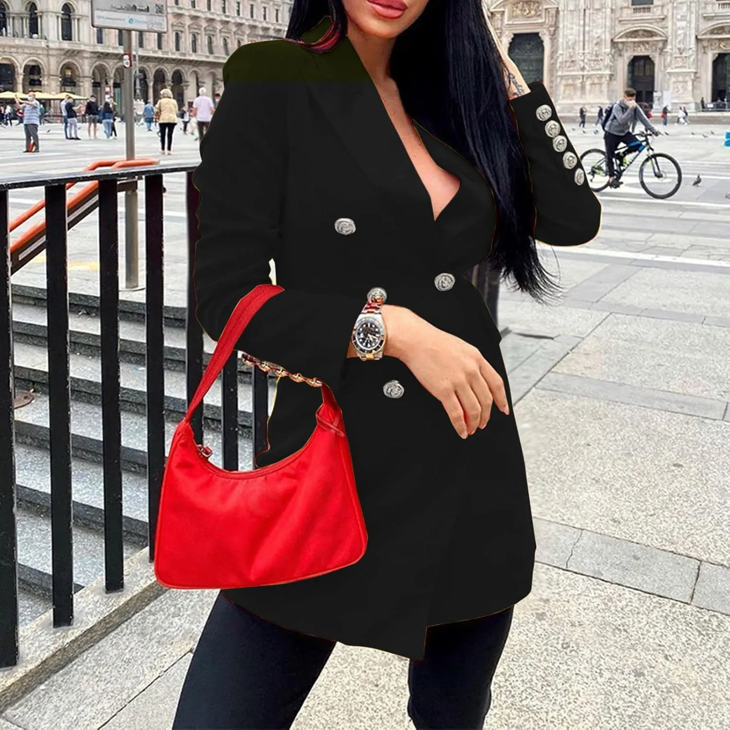 Women's Summer Blazer Button Lapel 3/4 Sleeves Pocketless Mid-Length Work Jacket Outdoor Trendy Fashion Suit Jackets